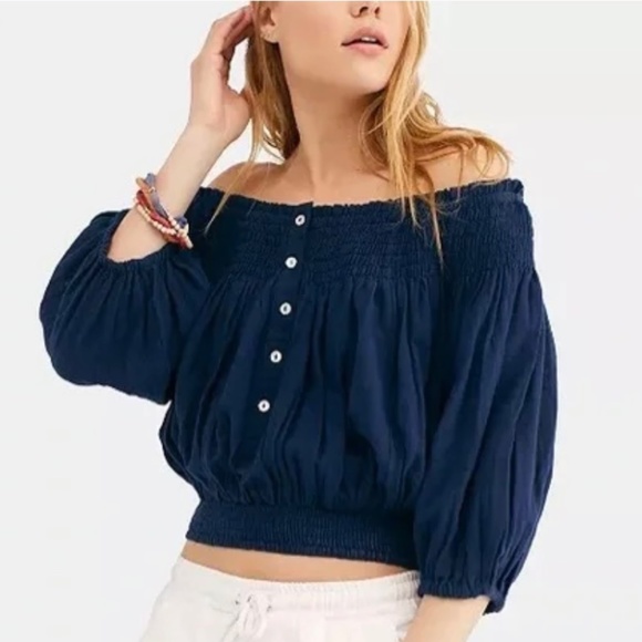 We The Free Tops - Like New [We The Free ✵ People] Navy Blue Off Shoulder Smocked Crop Top | Small